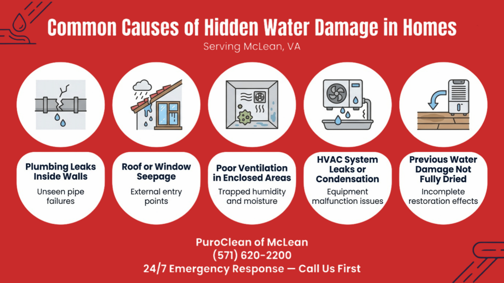 Infographic showing common causes of hidden water damage in McLean, VA homes, including plumbing leaks, roof seepage, poor ventilation, HVAC condensation, and previous water damage.