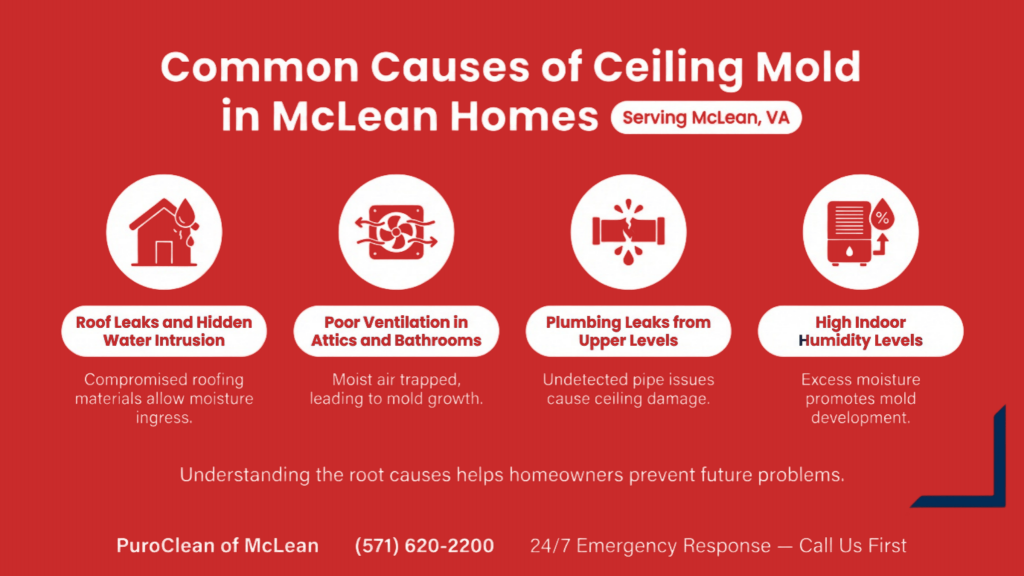 Infographic showing common causes of ceiling mold in McLean homes, including roof leaks, poor attic and bathroom ventilation, plumbing leaks from upper levels, and high indoor humidity.