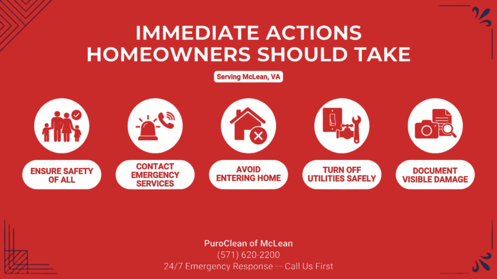 Infographic showing immediate actions homeowners should take after fire damage in McLean VA, including ensuring safety, contacting emergency services, avoiding entry, turning off utilities safely, and documenting visible damage