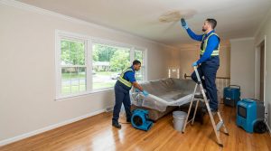 Property restoration technicians inspecting a ceiling leak and setting up drying equipment inside a home in McLean, VA.