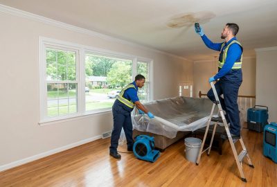Property restoration technicians inspecting a ceiling leak and setting up drying equipment inside a home in McLean, VA.
