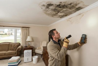 Home inspector checking ceiling mold and water damage in a McLean home living room using a moisture meter and flashlight.