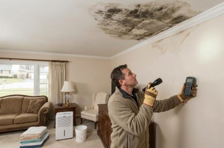 Home inspector checking ceiling mold and water damage in a McLean home living room using a moisture meter and flashlight.