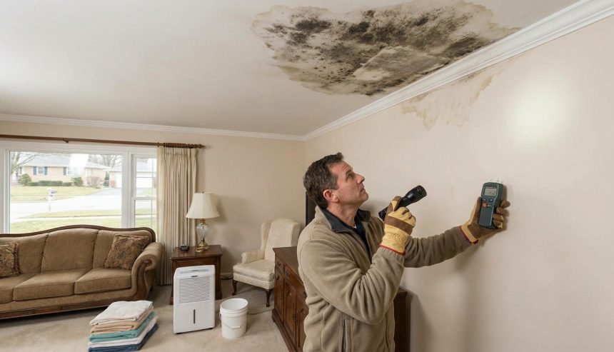Home inspector checking ceiling mold and water damage in a McLean home living room using a moisture meter and flashlight.
