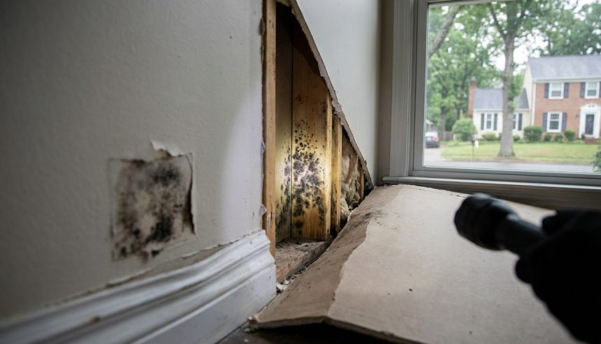 Hidden water damage in a McLean home causing mold growth behind damaged interior walls near a window.