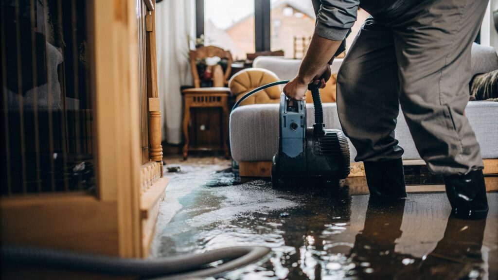 Technician extracting water from a flooded living room during water damage cleanup.