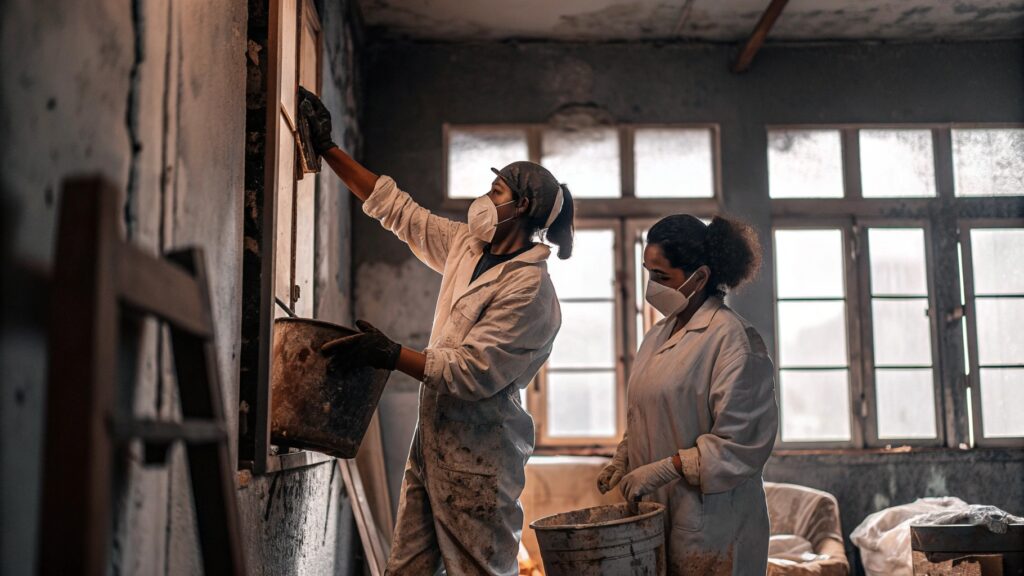 Two workers wearing protective suits, gloves, and face masks clean and repair the interior of a fire-damaged room, using buckets and tools to remove soot and debris from the walls.