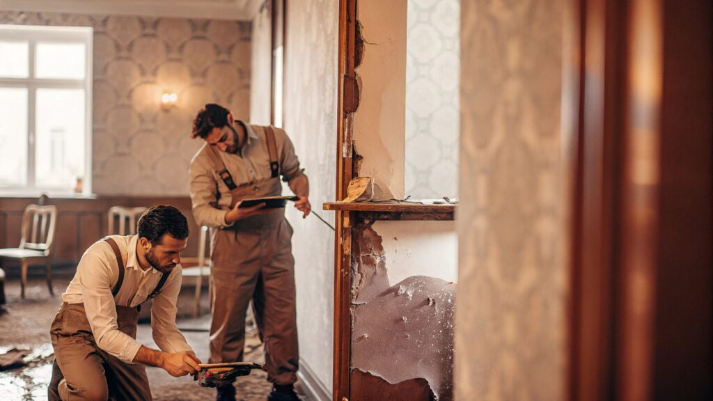 Professionals inspecting water damage inside a residential building