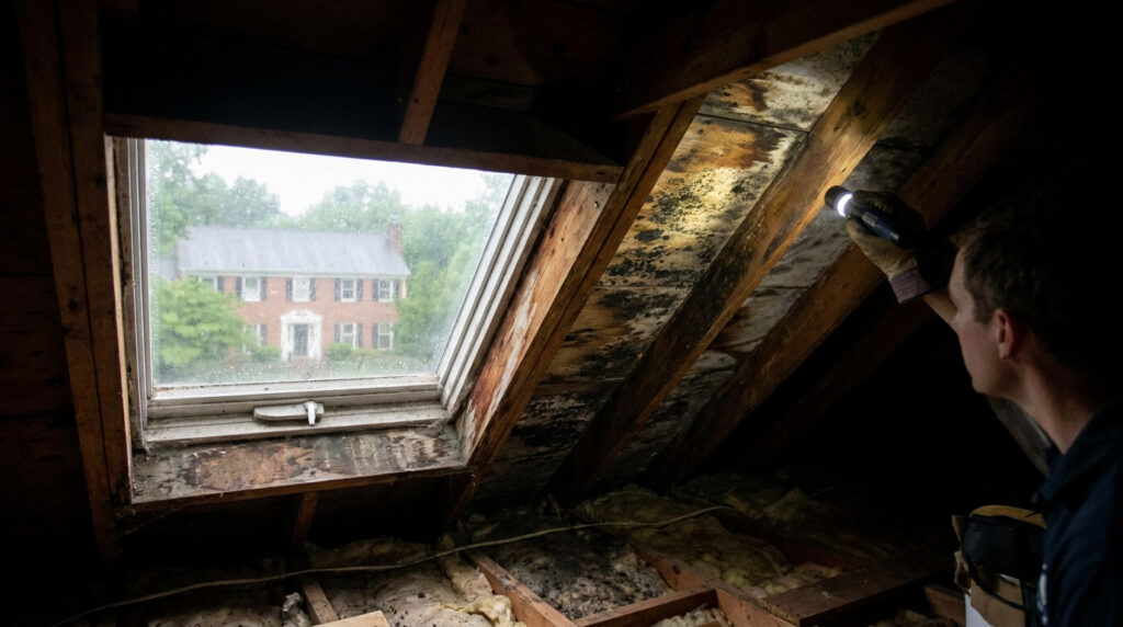 Inspector uses a flashlight to examine attic mold near a leaking roof and skylight in a McLean VA home.