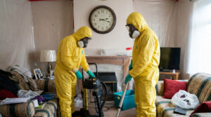 Two biohazard cleanup technicians in yellow hazmat suits and respirators decontaminating a living room, with a wall clock showing the time the cleanup takes