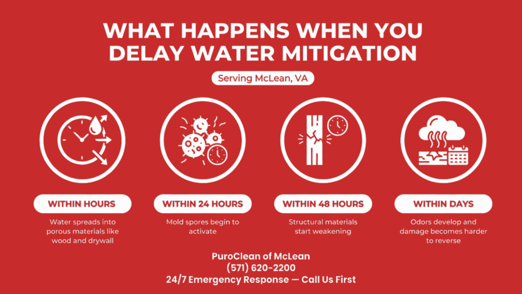 Infographic showing how delayed water mitigation worsens damage in McLean VA. 
