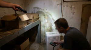 Two inspectors check a damp, stained basement wall for mold in a McLean home using a flashlight and moisture meter beside a dehumidifier.