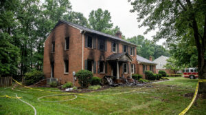 Fire-damaged brick home in McLean, VA after a fire.
