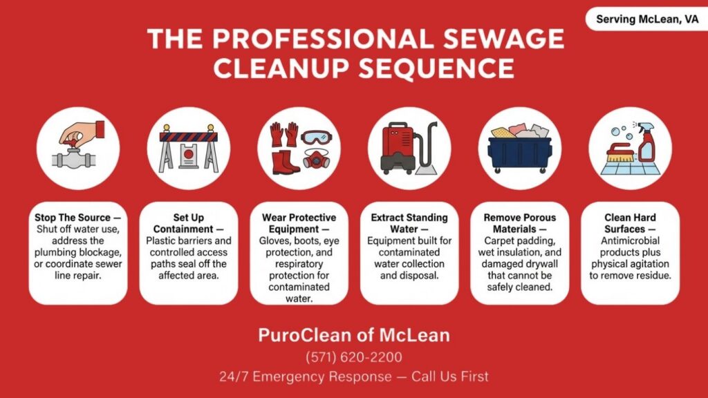 Professional sewage cleanup sequence in McLean, VA, showing source control, containment, protective equipment, water extraction, porous material removal, and hard-surface cleaning.