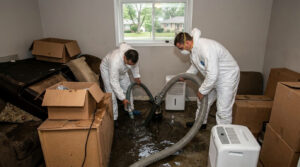 Restoration technicians in protective suits extracting standing water from a flooded room during sewage and water damage cleanup.
