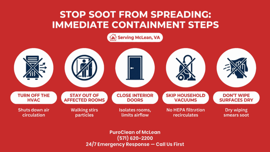 Infographic showing immediate steps to stop soot from spreading after a fire.