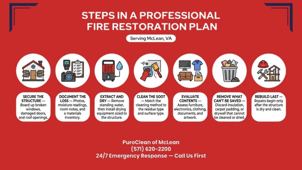 Infographic outlining the seven steps of a professional fire damage restoration plan for properties in McLean, VA.