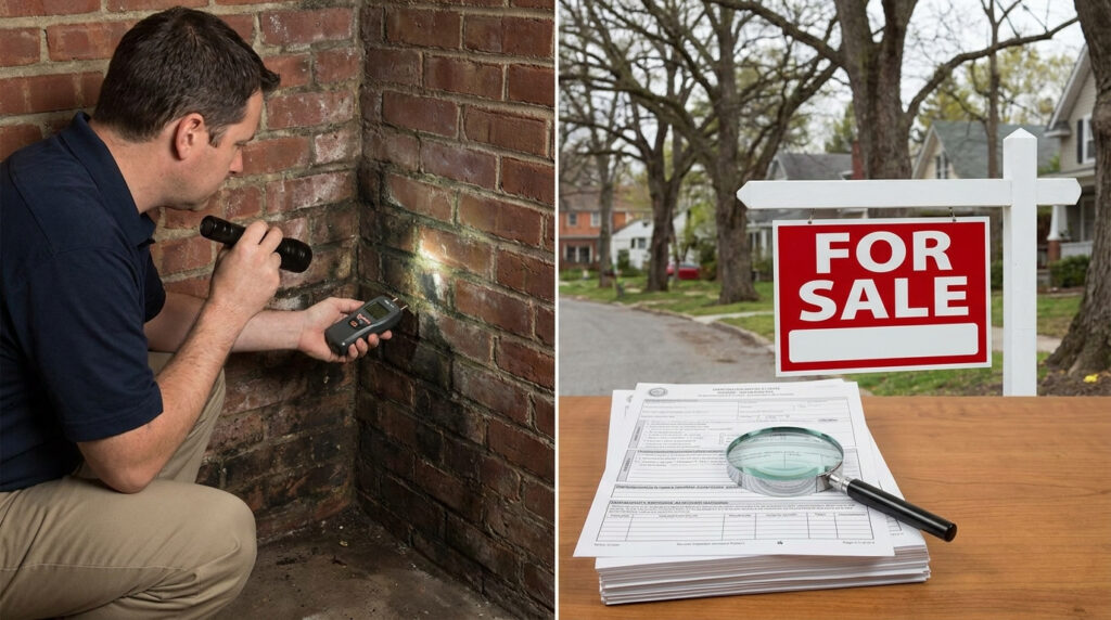 Split image showing a professional inspecting a basement for mold, next to a stack of real estate documents and a red For Sale sign.