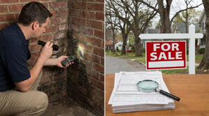 Split image showing a professional inspecting a basement for mold, next to a stack of real estate documents and a red For Sale sign.
