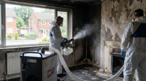 Fire restoration contractors wearing protective suits using a fogging machine and air scrubber to permanently remove smoke odors from a fire-damaged room.