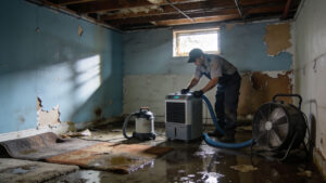 A worker operates water damage restoration equipment in a flooded basement with peeling paint and wet rugs.