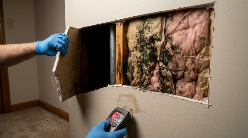 Gloved hands reveal severe black mold and water damage behind a wall with a moisture meter.