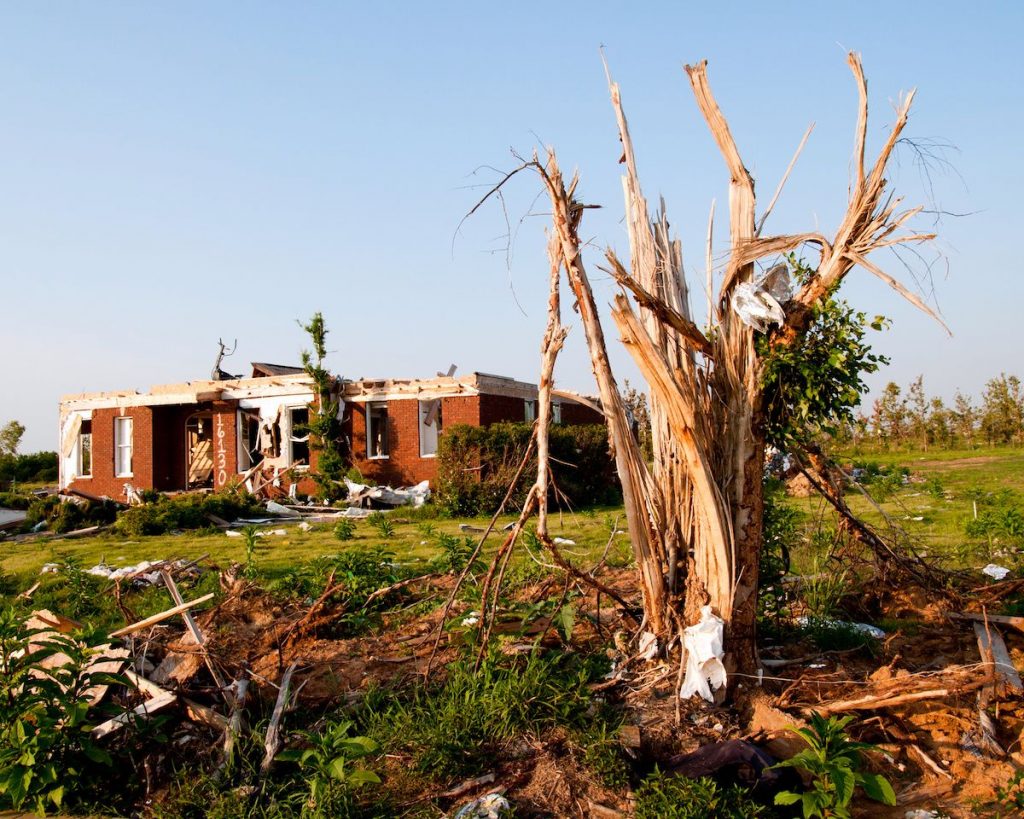 A tornado-damaged home and land in Tuscaloosa, Alabama.