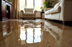A flooded living room floor reflects windows and furniture, showing significant water damage.