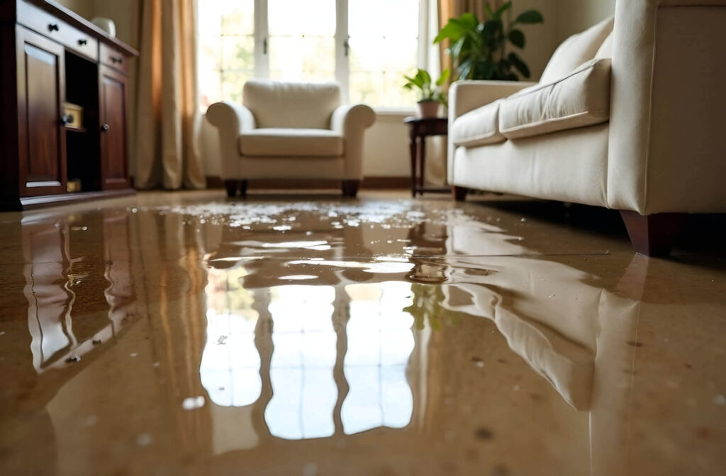 A flooded living room floor reflects windows and furniture, showing significant water damage.
