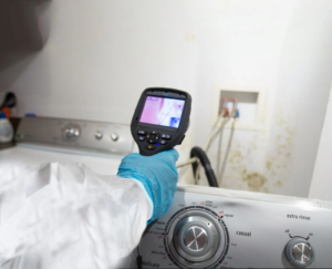 A gloved hand uses a thermal camera to inspect a mold-stained wall above a washing