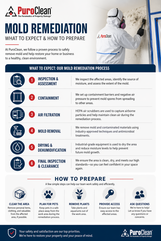 A professional in a hazmat suit cleans mold, illustrating PuroClean's six-step