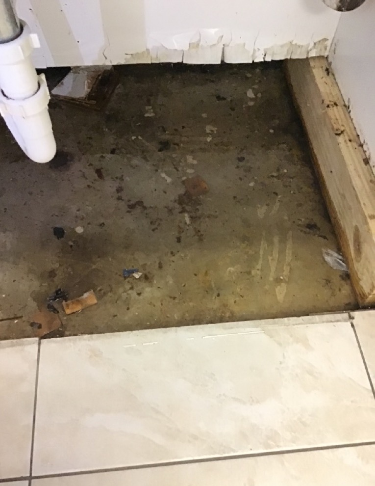 A severely water-damaged subfloor with peeling paint, a PVC pipe, and debris