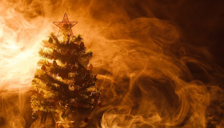 holiday fire around a Christmas tree
