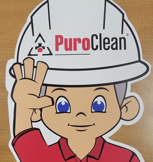 Animated cartoon man in a Puroclean hard hat