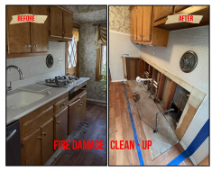 A fire-damaged kitchen with charred cabinets, scorched appliances, and smoke-stained walls. Debris and ash cover the countertops and floor, showing the extent of the fire destruction