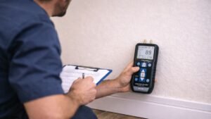Shower leak inspection using a moisture meter on a wall outside the bathroom
