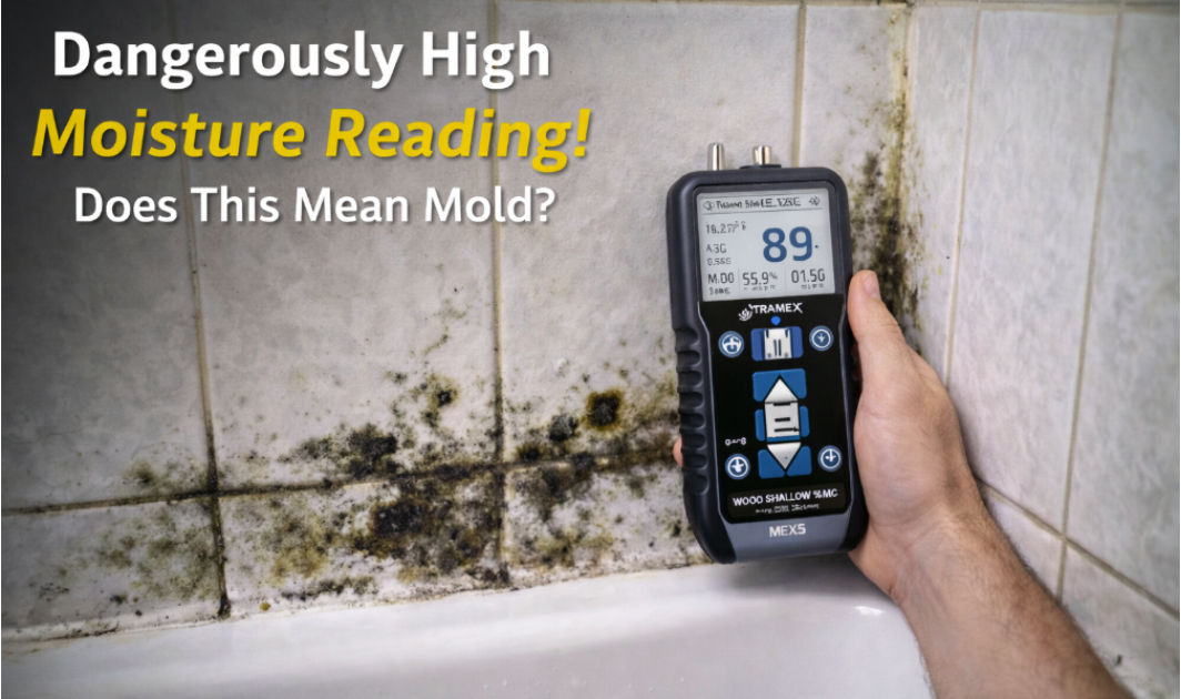 Shower leak inspection in Orange County NY showing moisture meter reading in a bathroom
