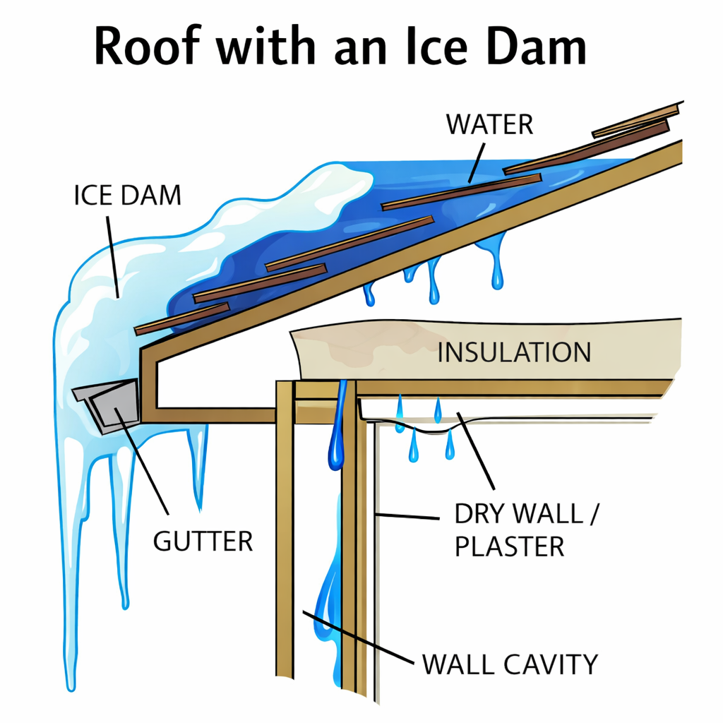 Ice dam diagram showing trapped meltwater backing up under shingles and into wall cavity