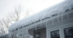 Roof leaking after snow ice dam Orange County NY showing ice buildup along roof edge