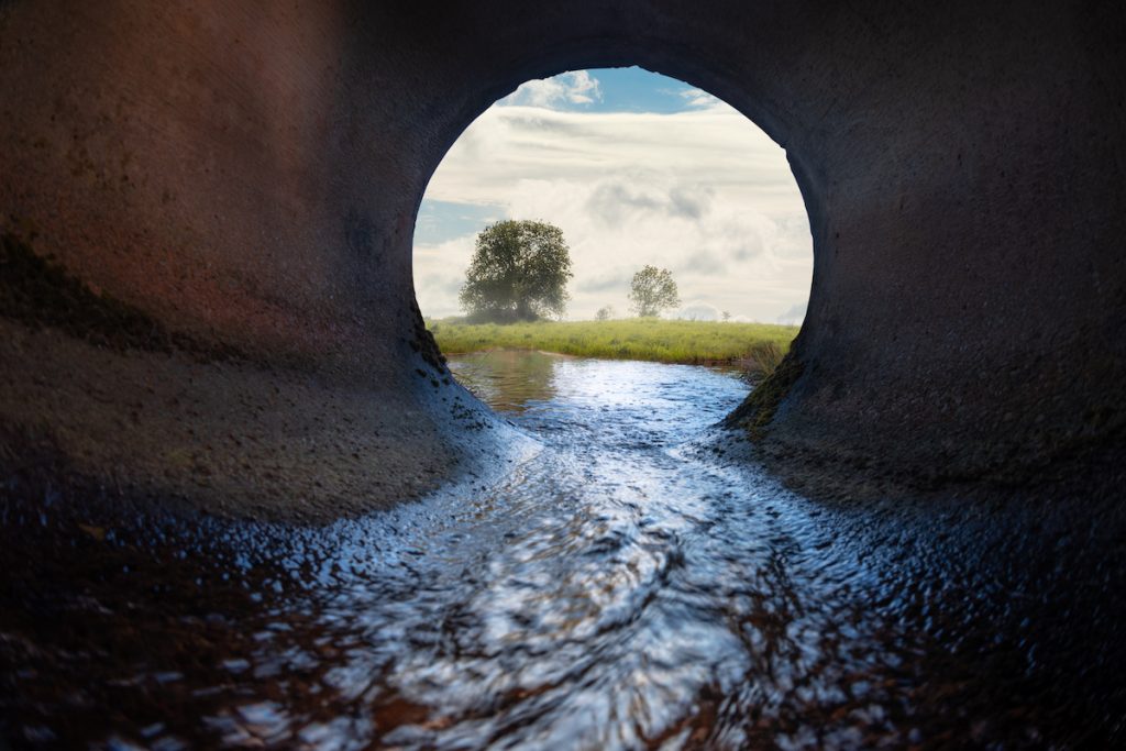 Black water flowing out of sewage system.