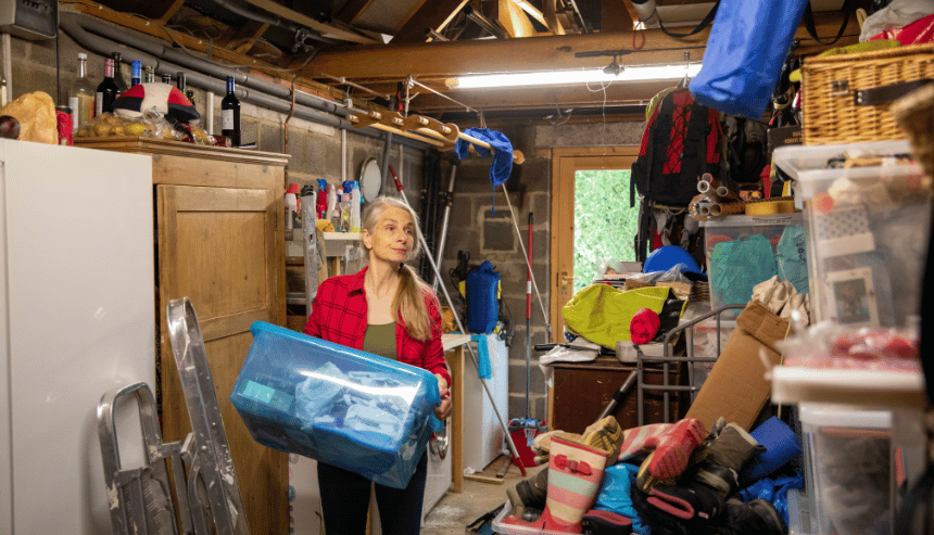 woman organizing a cluttered garage