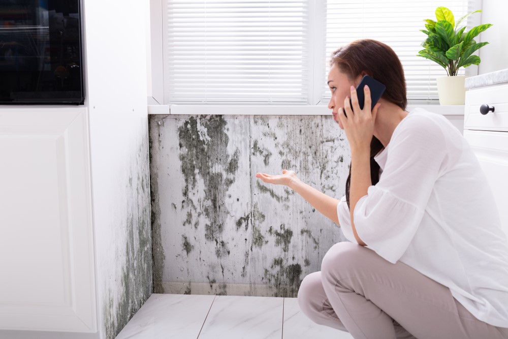A woman crouches by a wall with mold, talking on the phone and expressing concern about the situation.