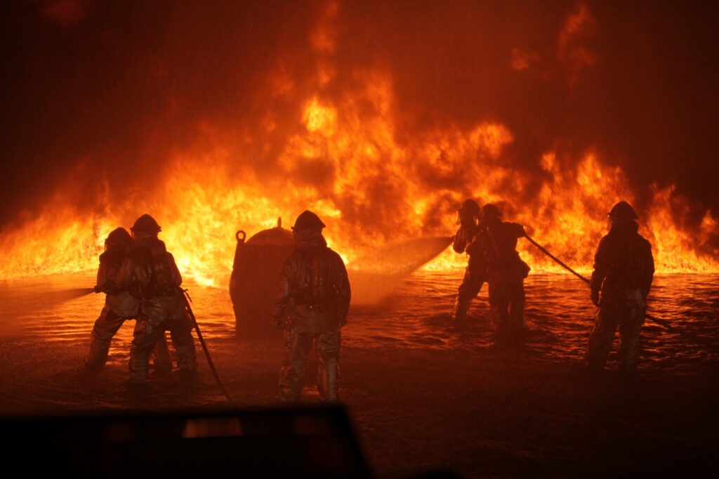 Firefighters battling a large blaze, using hoses to control flames in a dark, smoky environment.