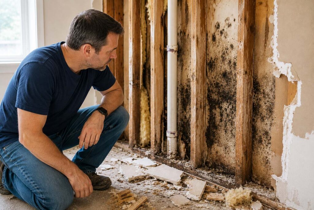 A man inspects severe mold on exposed wall studs and insulation after water damage.