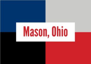 The words 'Mason, Ohio' in red text are centered on a background of blue, gray