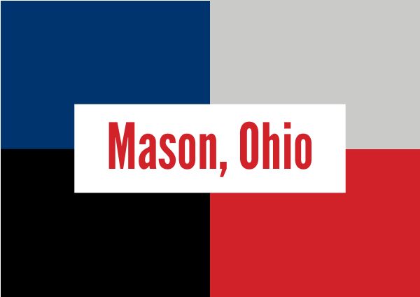 The words 'Mason, Ohio' in red text are centered on a background of blue, gray