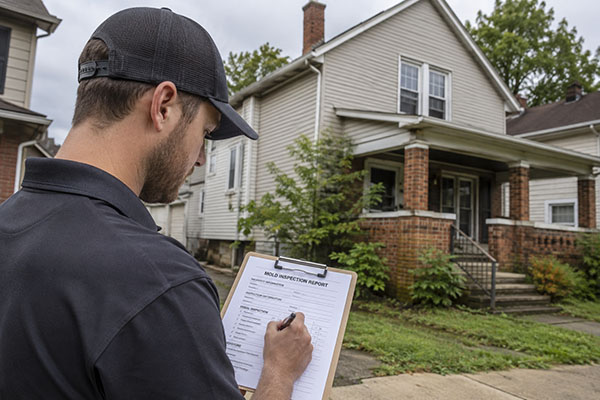 An inspector fills out a mold inspection report in front of a residential house.