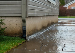 Downspout flooding near a home's foundation after a rainstorm.