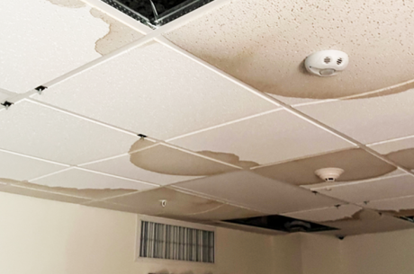 signs of mold on commercial ceilings - dark spots on sagging ceiling tiles