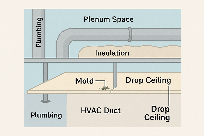 diagram showing how mold can form in the plenum area, above a commercial ceiling